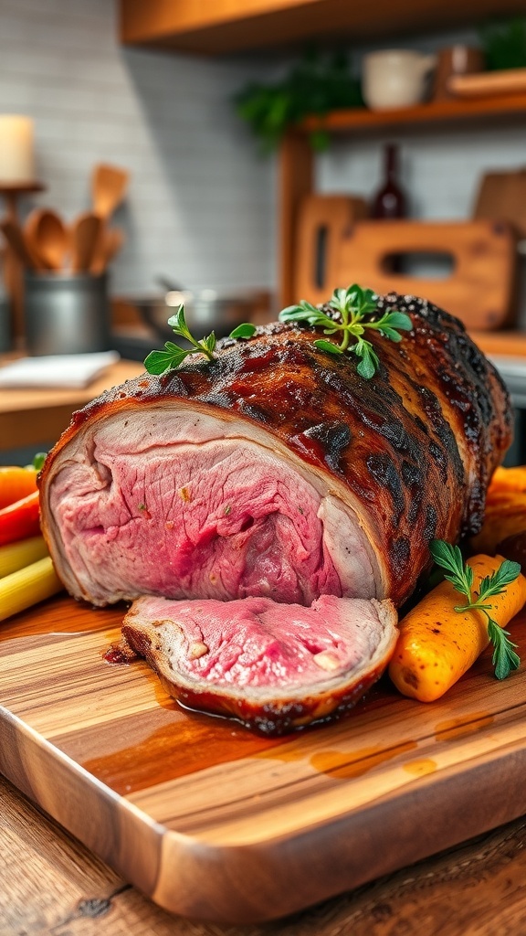 Juicy rump roast on a cutting board, surrounded by fresh herbs and a glass of red wine